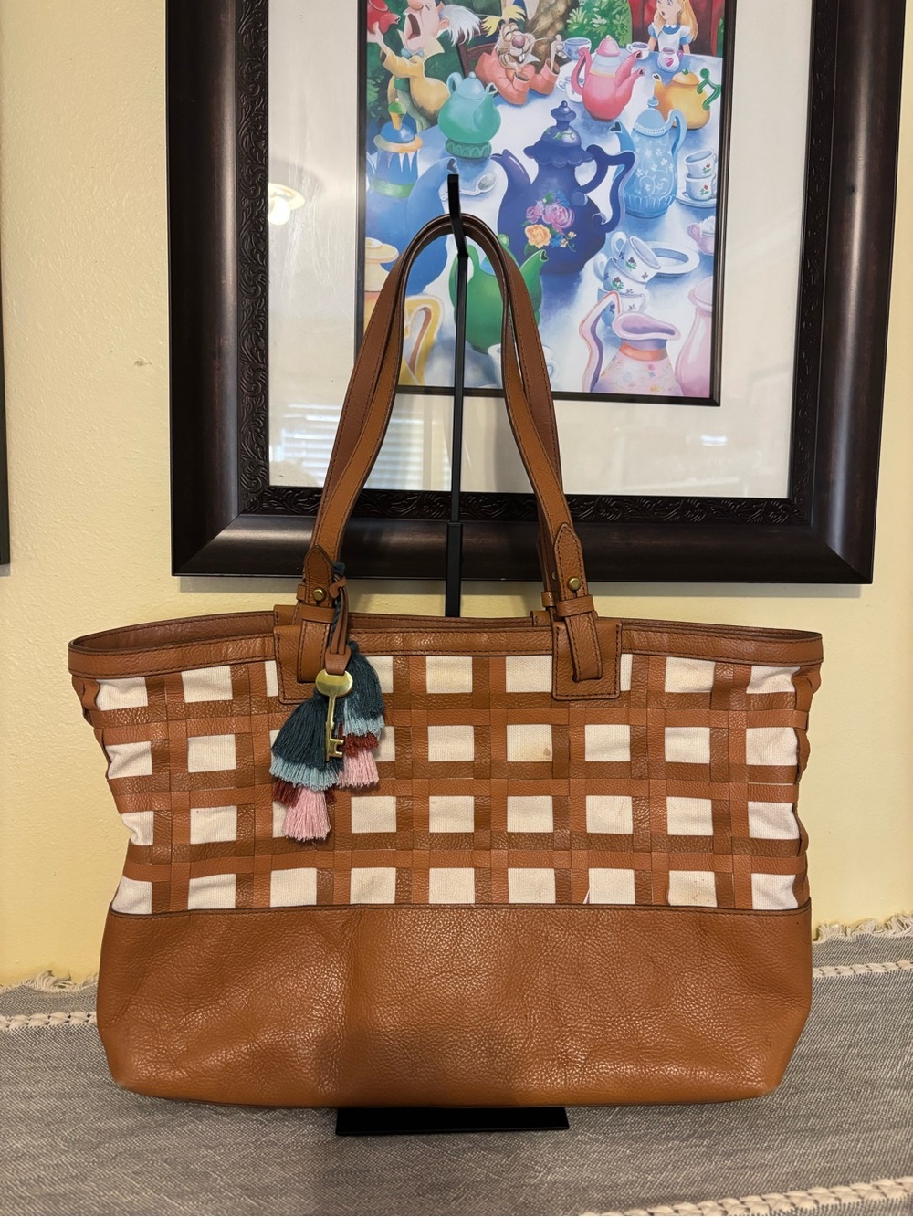 Fossil Rachel Tan and Cream Tote with Tassel Charm